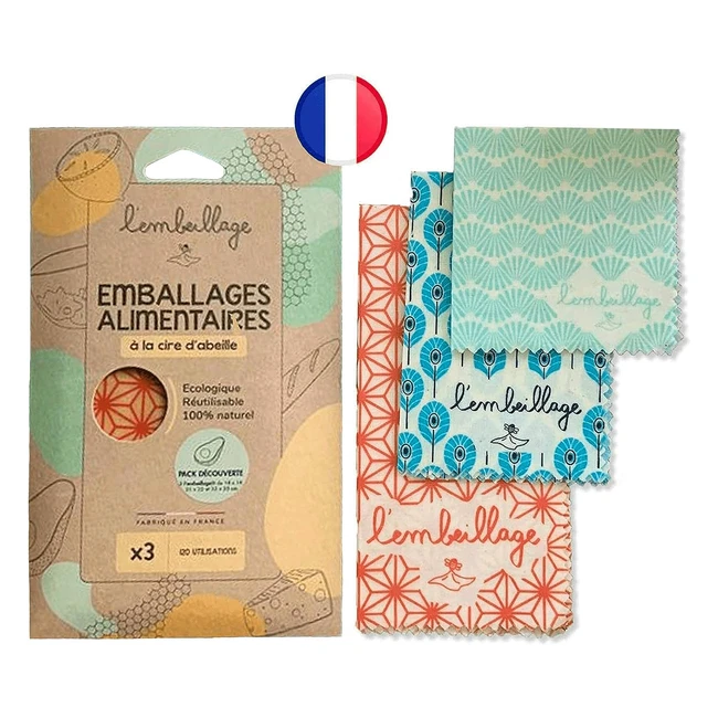 Bee Wrap Français - Emballage Alimentaire Réutilisable - Fabriqué en France - Bio et 100% Naturel - Cire d'Abeille - Origami - Découverte S M L