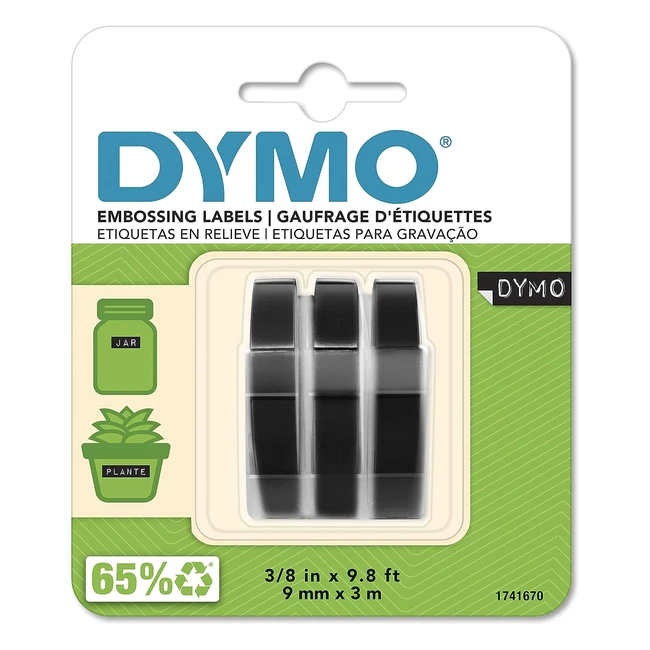 Dymo Authentic Embossing Label Tape - 9mm x 3m - White Print on Black - Self-adh