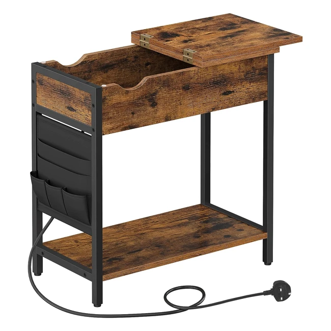 VASAGLE Slim Side Table with Charging Station - Multidevice Charging, Storage, USB Ports - Rustic Brown and Black