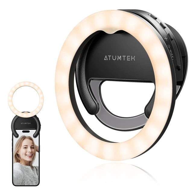 Atumtek 4 Rotatable Selfie Ring Light - Rechargeable Clipon Ring Light for Phone - 3 Color Temperatures - Perfect for Streaming, TikTok, and Video Conference - Black