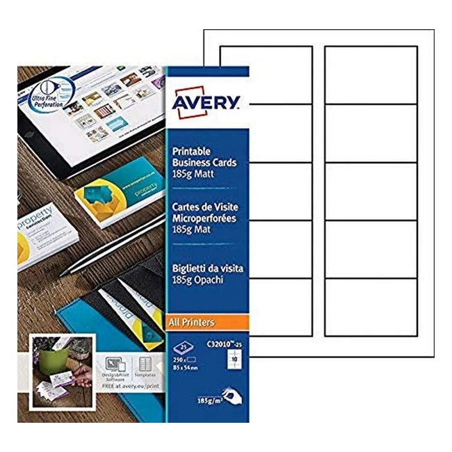 Biglietti da Visita Avery C3201025 - 250 pz - 185gm - Stampanti a Getto d'Inchiostro/Laser - 85x54mm