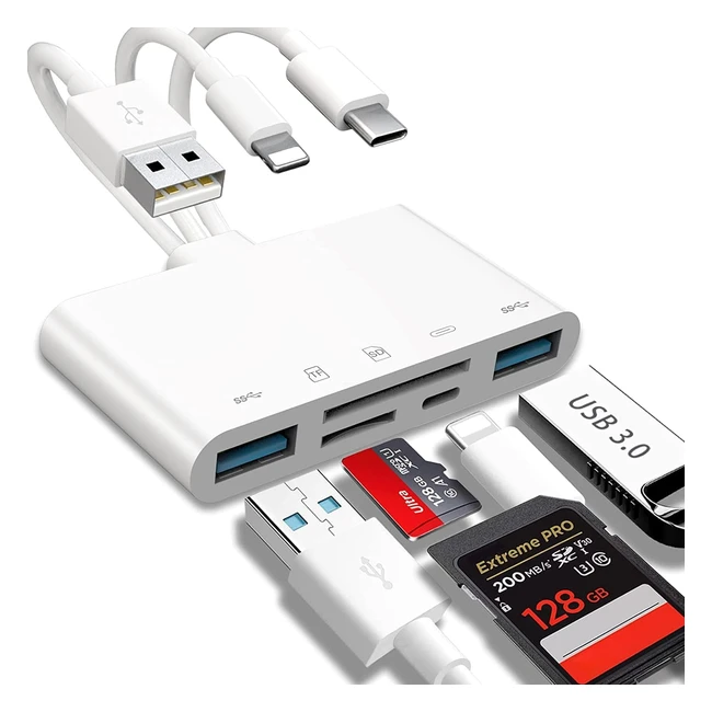 Lecteur de carte mémoire 5en1 adaptateur USB OTG et lecteur de carte SD pour iPhone/iPad - Charge rapide et transfert de données