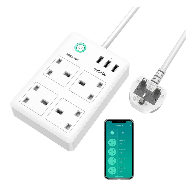 OnePlug Smart Extension Lead - Alexa & Google Home Compatible - 4 AC Outlets & 3 USB Ports - Surge Protection - Voice & App Control