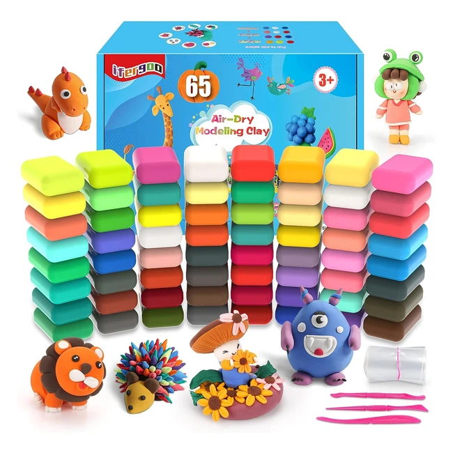 ifergoo Air Dry Clay 65 Colours Modeling Clay for Kids - Safe and Nontoxic - Soft, Stretchable, DIY Magic Clay with Tools - Children Boys Girls Toys Gifts