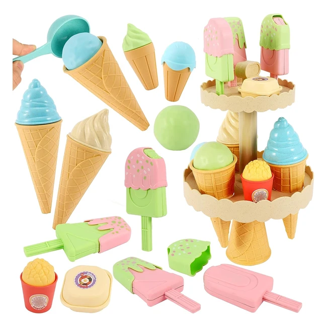 Aoleva Kids Ice Cream Toy Set - Take Apart Plastic Food Playset - Gifts for 3-5 Year Olds