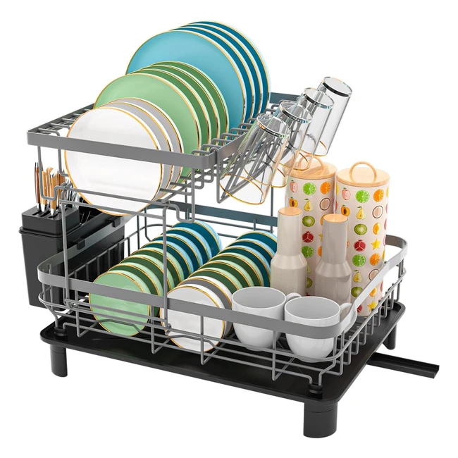 Emanis Escurreplatos Acero Inoxidable Doble Capa - Ahorra Espacio - Placa de Drenaje - Puerta Giratoria 360 - Estante Vajilla y Tazas