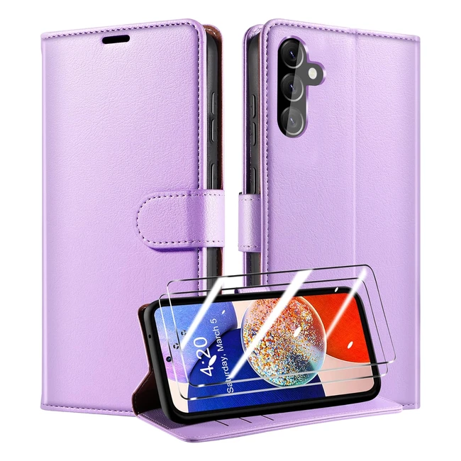 Cover Samsung Galaxy A14 4G 5G - 2 Pezzi Vetro Temperato - Custodia Premium in PU - Antifurto - Chiusura Magnetica - Flip Telefono Case - Viola
