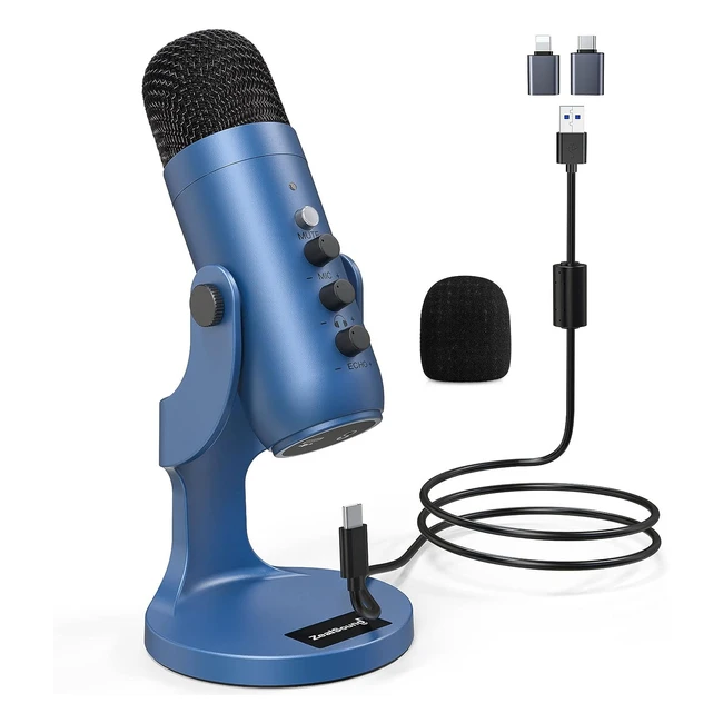 Microphone USB Zealsound Gaming Condensateur pour PC Téléphone PS4 et 5 avec Adaptateur pour Phone Button Muetcho pour Podcast Enregistrement Twitch Streaming ASMR Windows K66 Bleu