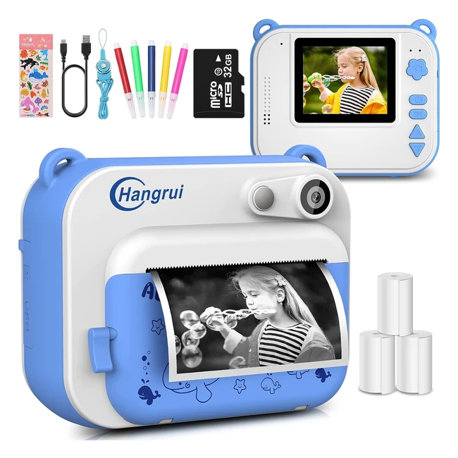Cámara Fotos Infantil Instantánea 12MP - Hangrui - Impresión en segundos - Tarjeta SD 32GB - Bolígrafo de colores - Regalos para niños y niñas
