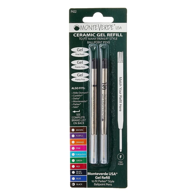Recharge gel Monteverde sans capuchon, pointe fine, compatible stylo bille Parker, noir - Lot de 2