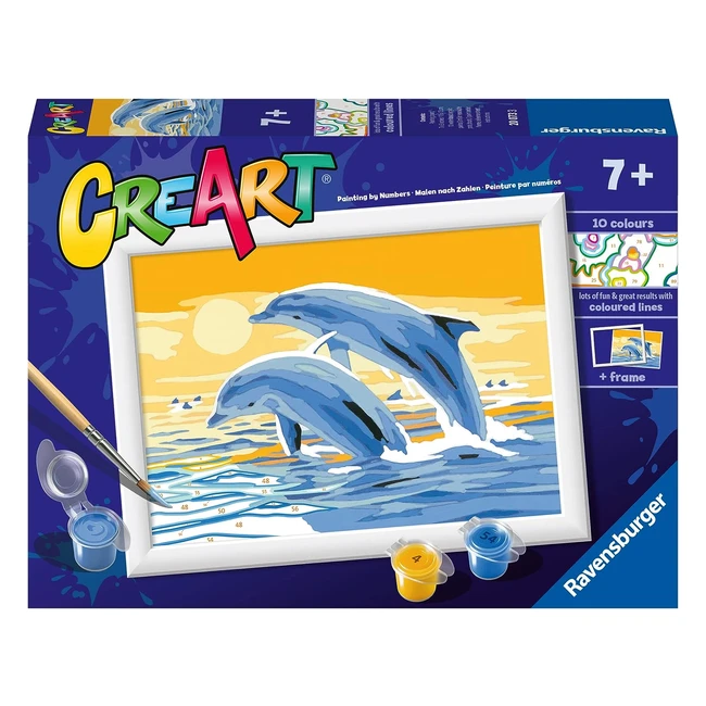 Kit Creart Ravensburger Delfini Amici - Dipingere con i Numeri - Bambini Età Raccomandata 7+ - Multicolore 18x13cm