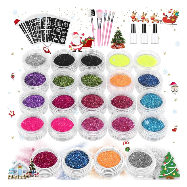 Kit Tatouage Paillettes Kastiny - 24 Couleurs - Non Toxique - Avec 143 Pochoirs - Tatouage Temporaire - Cadeau pour Enfant et Adulte