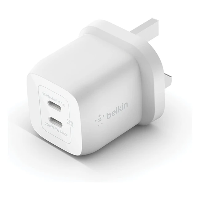 Belkin 45W Dual USB Type C Wall Charger - Fast Charging Power Delivery 30 - iPhone 14 13 12 Pro Pro Max - iPad Pro 129 11 - MacBook - Galaxy S23 S23 Ultra - Tab - More