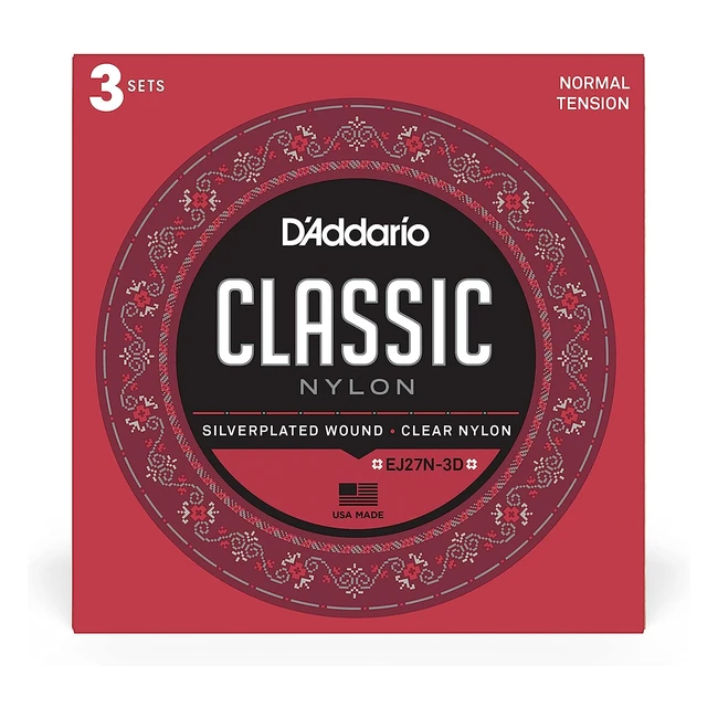 D'Addario Classic Nylon Guitar Strings - EJ27N - Silver Plated Wrap - Clear Student Nylon Trebles - Normal Tension - 3 Pack