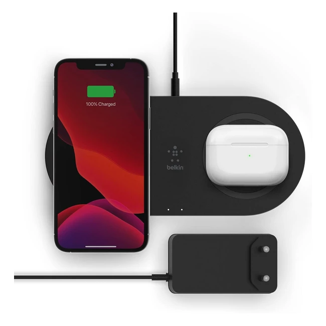 Chargeur sans fil double Belkin 15W pour iPhone Airpods Galaxy Pixel - Recharge rapide et simultanée - Noir