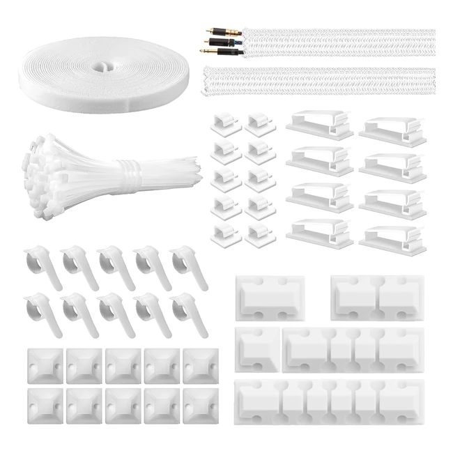 Cable Management Kit 146pcs - White Cable Tidy for Home Office - Under Desk - 10