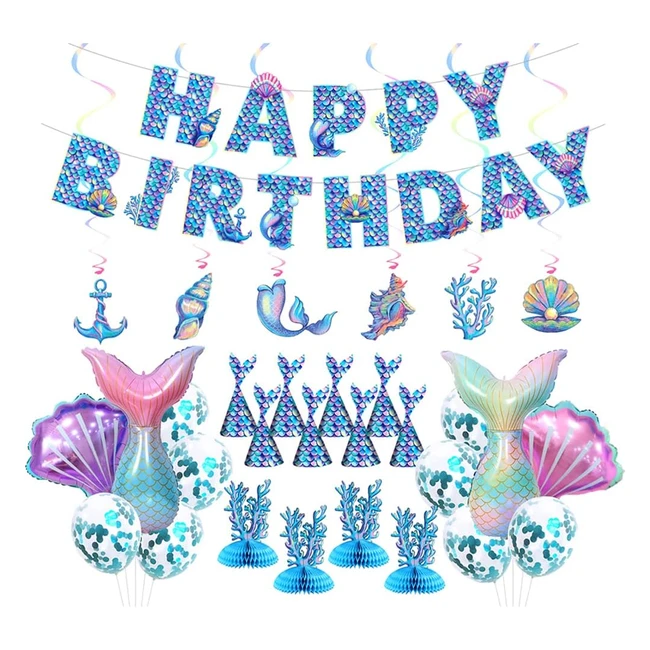Décorations fête anniversaire sirène filles - Kit tout-en-un bleu avec bannière happy birthday ballons