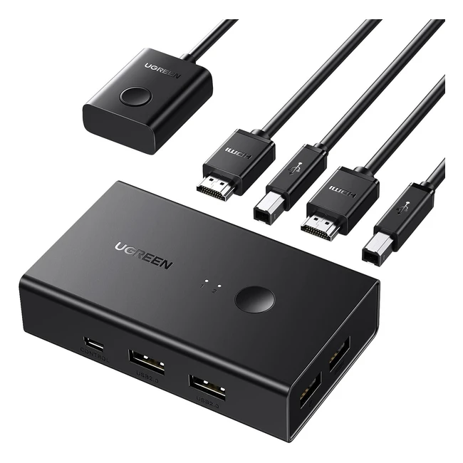 Switch HDMI 4K 60Hz Ugreen KVM, 2 entradas a 1 salida, 2 PC comparten 1 pantalla, 4 puertos USB 2.0, control de escritorio y cable HDMI