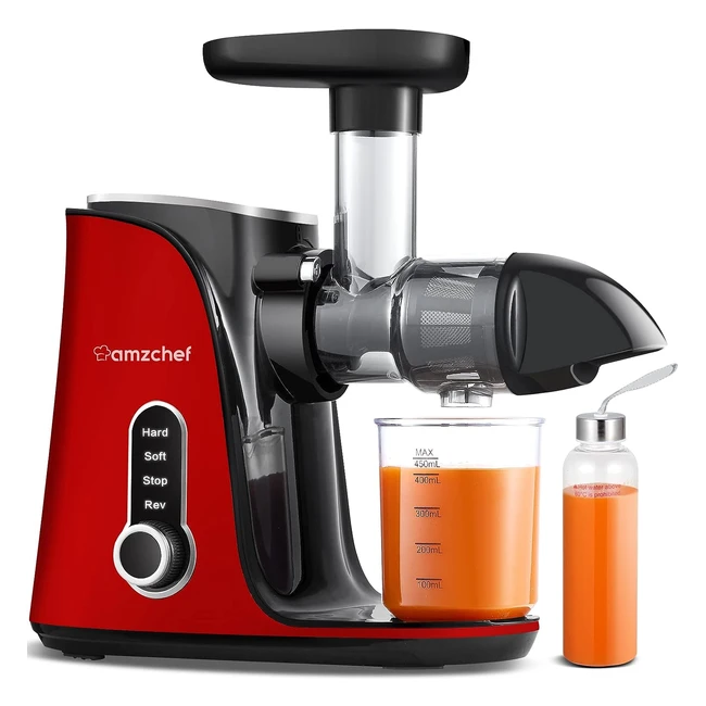 Licuadora para verduras y frutas AMZChef, 2 modos de velocidad, prensado en frío, función inversa, extractor de zumo, 2 tazas y botella portátil, rojo