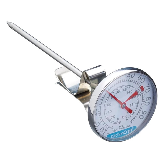 KitchenCraft Milk Thermometer - Stainless Steel, Clip-On, Temperature Range 10°C to 100°C, Ideal for Café-Style Coffee