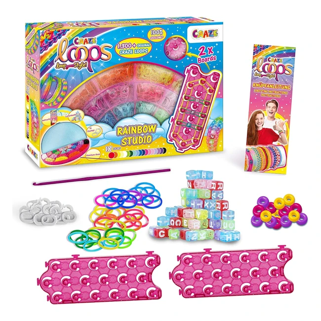 Kit bracelets élastiques Craze Loops Rainbow - 1300 élastiques, fermoirs, perles, boîte de rangement et accessoires