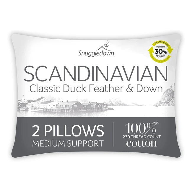 Snuggledown Duck Feather Down Pillows 2 Pack - Medium Support Back Sleeper Pillows for Back Pain Relief