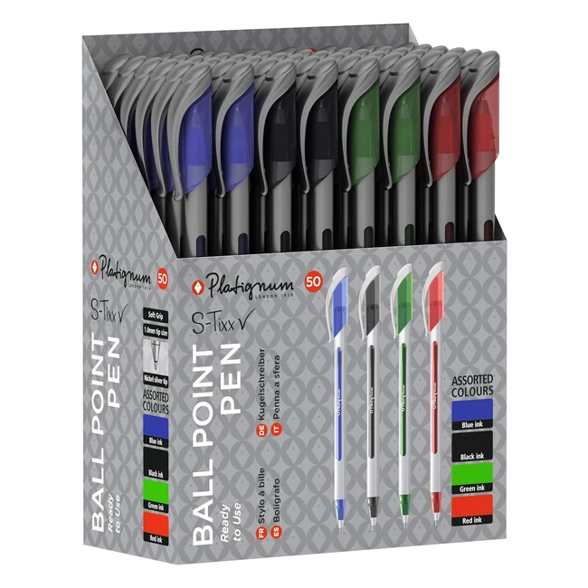 Platignum Stixx Multicoloured Ballpoint Pen Pack of 50 - Soft Grip Barrel - LV Ink - Smudgefree and Ultrasmooth Writing