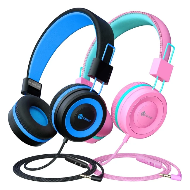 iClever Kids Headphones 2 Pack - Wired Headphones for Kids with Mic - 8594DB Volume Control - Adjustable Headband - Foldable Headphones - Kids On Ear for School Travel
