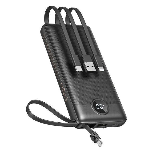 Power Bank 10000mAh Veektomx - Batería Externa con Cables Integrados - Cargador Portátil con 5 Salidas y 2 Entradas - Compatible con iPhone Samsung Huawei - 10000mAh Negro