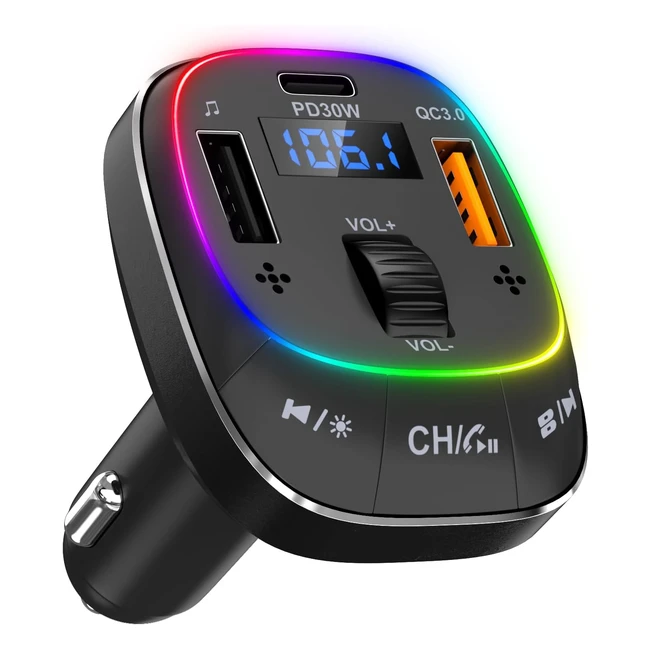 UEASE Bluetooth 53 FM Transmitter Car Adapter PD 30W QC30 Charger Dual Mics Bass