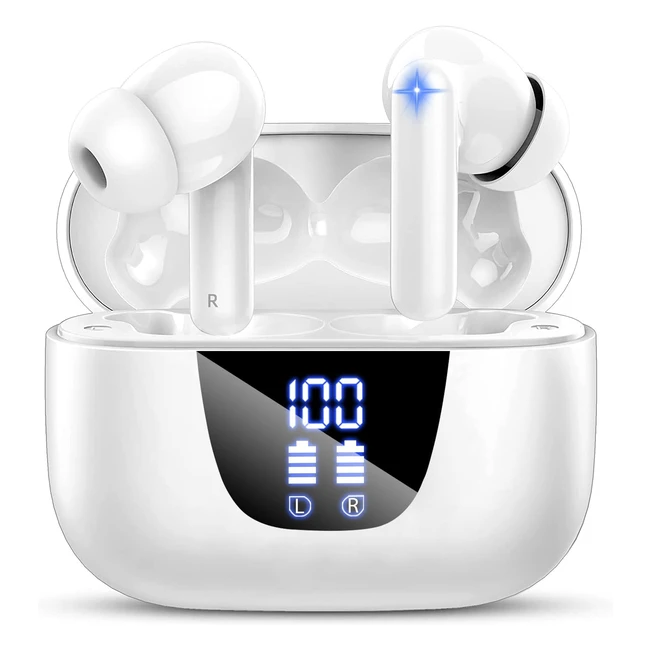 Écouteurs Bluetooth sans fil VTKP 53 avec réduction de bruit, écran LCD, 30h de lecture, étanches, iOS/Android - Blanc