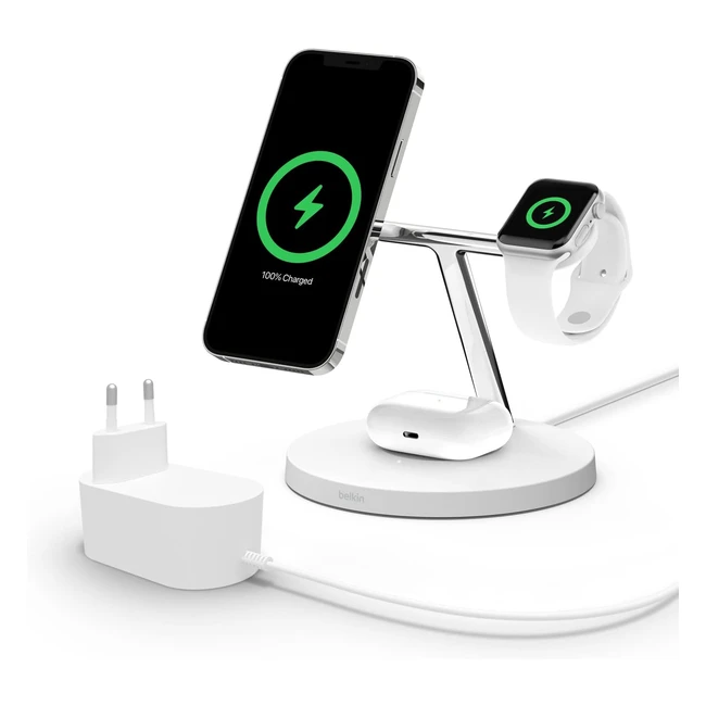 Belkin Station de Recharge BoostCharge Pro avec MagSafe - Chargeur sans fil 3en1 pour iPhone 15 - Recharge Rapide jusqu'à 15W