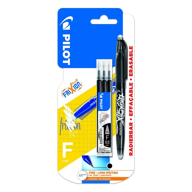 Pilot Frixion Erasable Rollerball Pen - Fine 05mm Tip - Black - Includes 3 Refills