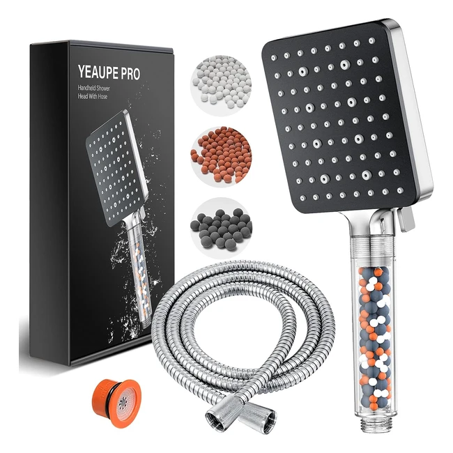 Yeaupe Pro Square High Pressure Shower Head and Hose with Filter - 6 Jet Modes - Large Powerful Flow - Low Pressure Hard Water Filter Shower Head
