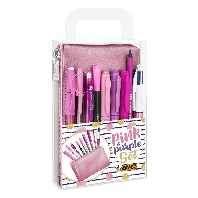 BIC 9642801 Pink & Purple Set: Pencil Case, Ballpoint Pens, Erasable Gel Roller, Pencil, Fine Liner, Permanent Markers, Mechanical Pencil