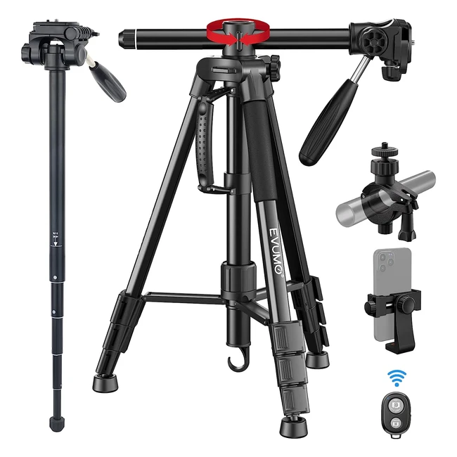 Evumo Trípode Cámara 167cm Extensible - Columna Central Rotativa 360° - Monopod con Control Remoto - Soporte Teléfono - Máximo 5kg
