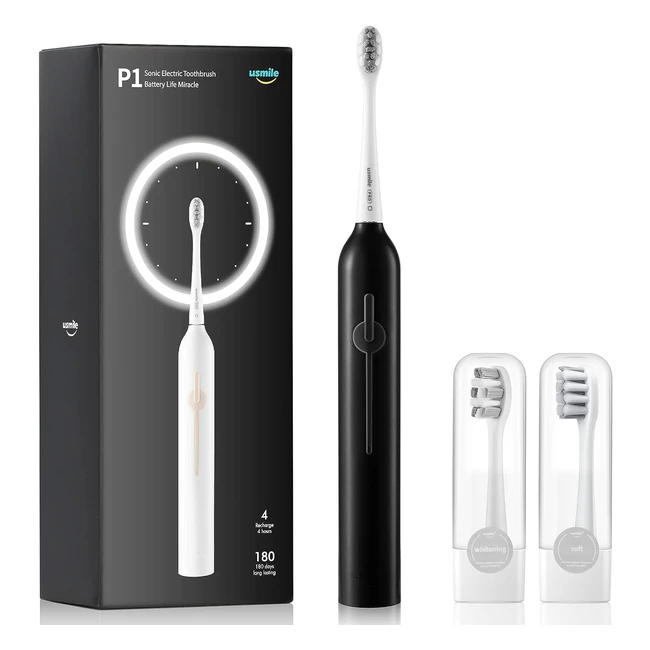 uSmile Sonic Electric Toothbrush for Adults - Rechargeable USB Powered - 2 Brush Heads - Smart Timer - 6 Months Battery Life - P1 Black
