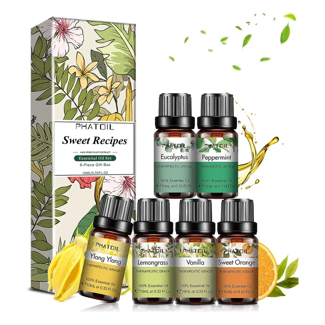 Phatoil Huiles Essentielles 6 x 10ml 100% Naturelle Pure - Pour Diffuseur Aromathérapie - Eucalyptus, Vanille, Citronnelle, Orange Douce, Ylang Ylang, Menthe Poivrée