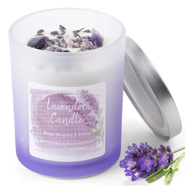Scented Candle - Lavender Candles with Amethyst Crystals - 7 oz Soy Wax - Handmade Stress Relief Gifts