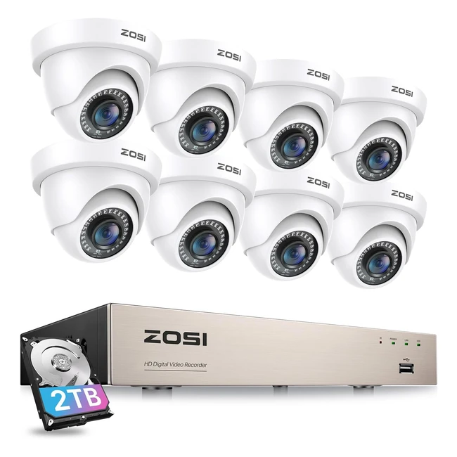 ZOSI 8CH 1080P Security Camera System with Hard Drive 2TB | H.265 8 Channel DVR Recorder and 8PCS 1920TVL Weatherproof CCTV Dome Cameras | 80ft Night Vision