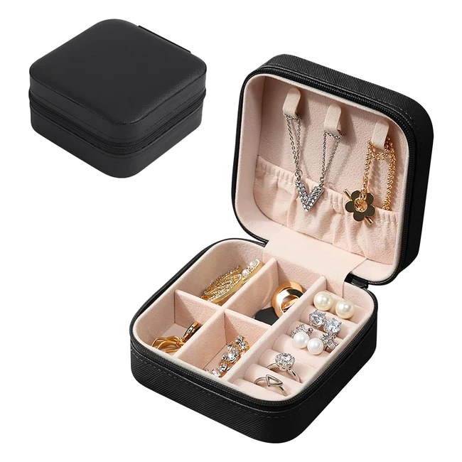 Boîte à bijoux en cuir PU pour femme - Organisateur de bijoux de voyage portable - Rangement pour bagues, colliers, bracelets - Noir
