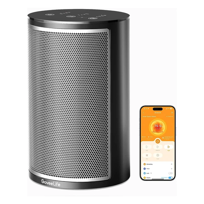 Goveelife Smart Electric Heater - Low Energy Efficient Portable Fast Fan Heater - Thermostat, WiFi App, Voice Remote Control - Ceramic Heater Safety for Home, Office, Desk - Black