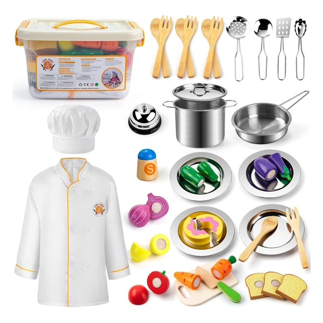 Slemako Juguetes de Cocina para Niños - Accesorios de Madera - Sartenes, Delantal y Gorro de Cocinero - Navidad y Juegos de Rol - Apto para Niños +3 años