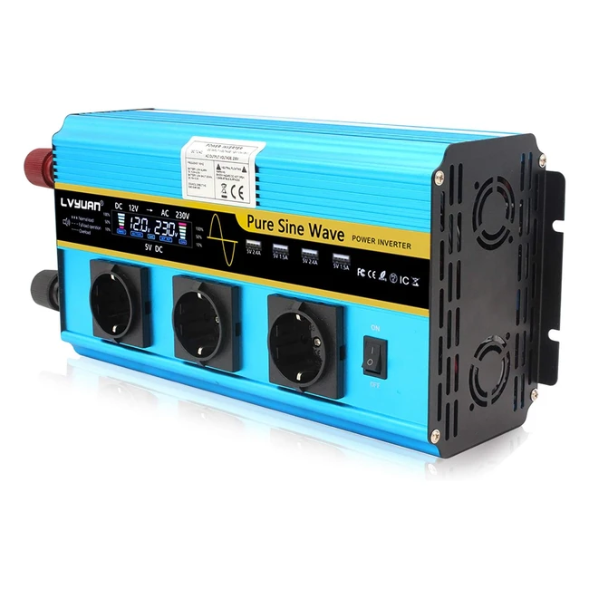 Convertisseur Yinleader 12V 220V Pur Sinus 3000W/6000W - 3 Prises Européennes, 4 Ports USB - LCD Affichage Tension - Télécommande