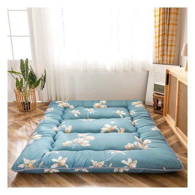 Maxyoyo Japanese Floor Mattress - Thicken Tatami Mat - Foldable Roll Up Mattress - Blue Flower - King UK Standard