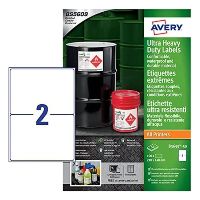 Avery B365550 Extra Strong Adhesive Waterproof GHS Labels - 210 x 1485mm - 2 Lab