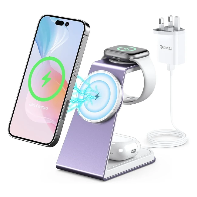 3-in-1 Magsafe Wireless Charging Station | Fast Charger Stand for iPhone, Apple Watch, Airpods | Aluminum Alloy | QC 3.0 Adapter