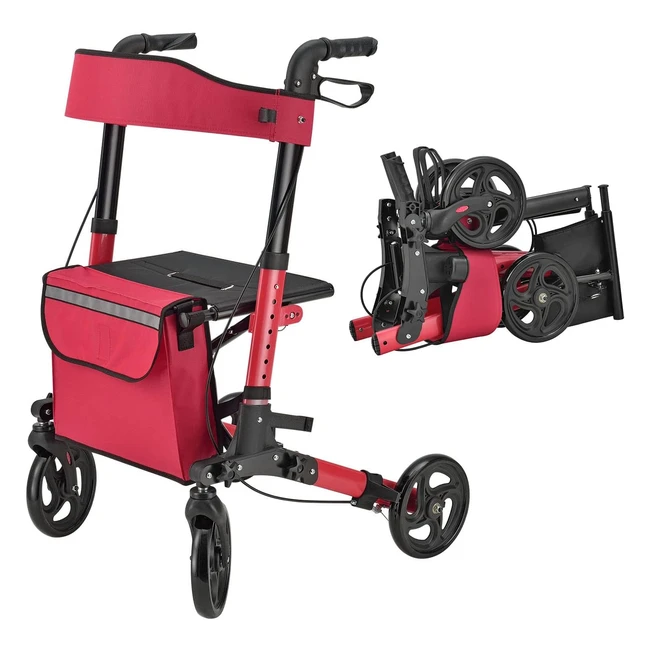 Juskys Vital Rollator Red, faltbarer leichter Aluminium-Gehwagen bis 130 kg, höhenverstellbar mit Sitztasche und Schirmhalter