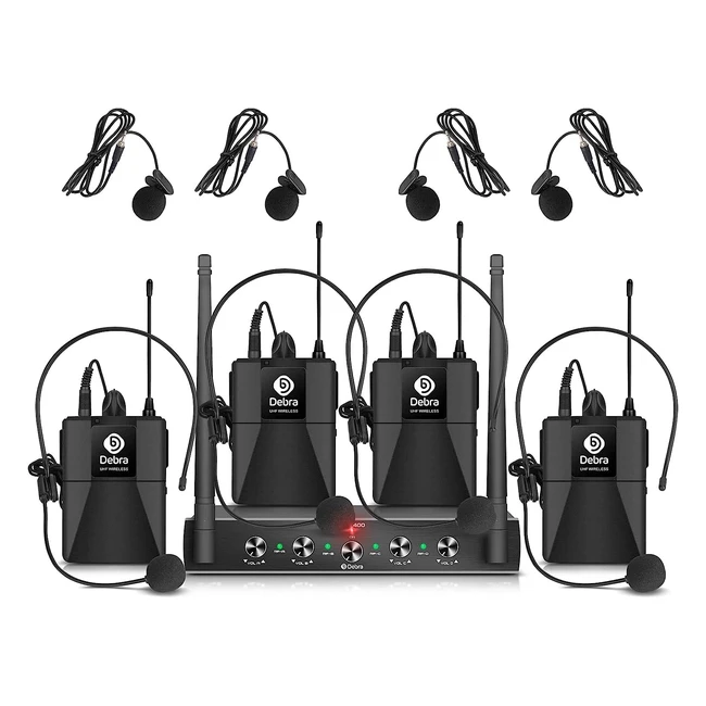 Debra Audio Pro UHF Sistema de Micrófono Inalámbrico de 4 Canales con Micrófono Lavalier y de Mano - Ideal para Fiestas de Karaoke