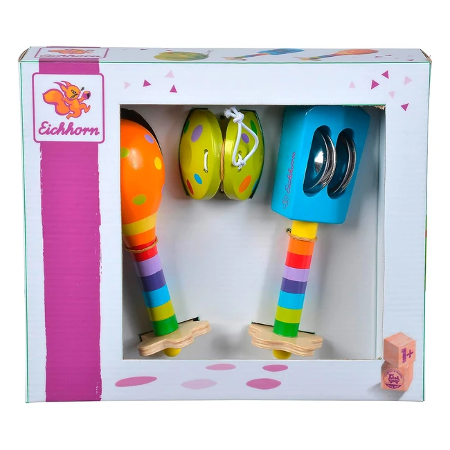 Eichhorn 100003484 Musikset mit Rasseln, Maracas und Kastagnetten, bunte Holz Musikinstrumente, 1 bis 99 Jahre, 3-teilig